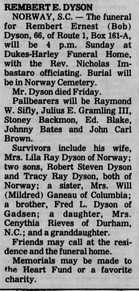 Obituary for Rembert Ernest DYSON (Aged 66)